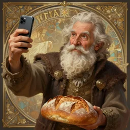 an old man taking a selfie with a loaf of bread, deep focus, d & d, fantasy, intricate, elegant, highly detailed, digital painting, artstation, concept art, matte, sharp focus, illustration, hearthstone, art by artgerm and greg rutkowski and alphonse mucha