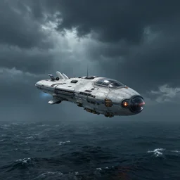 a small alien ship flies above a stormy ocean, sci-fi concept art, unreal engine 3d
