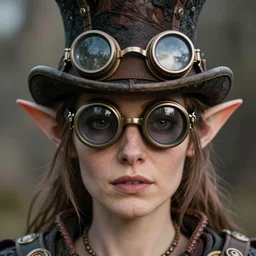 closeup portrait of a female steampunk medieval goblin wearing a top hat and goggles, depth of field, zeiss lens, detailed, symmetrical, centered, fashion photoshoot, by Annie Leibovitz and Steve McCurry, David Lazar, Jimmy Nelsson, Breathtaking, 8k resolution, extremely detailed, beautiful, establishing shot, artistic, hyperrealistic, beautiful face, octane render