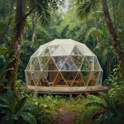 a beautiful painting of a geodesic house in a moist tropical rainforest, by greg rutkowski, realism, artstation, nature