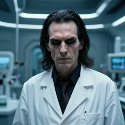an ultra realistic colour cinematic headshot portrait of an evil scientist, stood inside a futuristic lab, colour, detailed, deep focus, movie still, dramatic lighting, ray tracing, by werner herzog