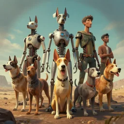 sci fi humanoid dog characters, Moebius, Greg Rutkowski, Zabrocki, Karlkka, Jayison Devadas, Phuoc Quan, trending on Artstation, 8K, ultra wide angle, pincushion lens effect