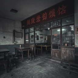 slanted, dull, abandoned photograph, desaturated, chinese restaurant, two-point perspective
