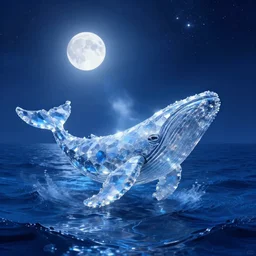 a crystal whale peeking out of the blue sea, a full moon illuminating the sea in the dark night, the stars shining, a dreamy crystal atmosphere ， super wide angle ， matte painting ， rtx on ， by jordan grimmer and john pitre ， trending on cgsociety and artstation, volumetric light ， surreal