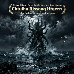 in the style of Steve Niles, Peter Mohrbacher and artgerm, Chtulhu rising from the water,, Lovecraftian, ocean, night, storm,  lighting, terror, horror