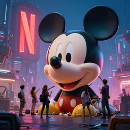 a group of people repairing the giant head of mickey mouse, glowing netflix logo in the sky, cyberpunk art by eddie mendoza, cgsociety, retrofuturism, dystopian art, concept art, unreal engine highly rendered, global illumination, radiant light, intricate and detailed environment
