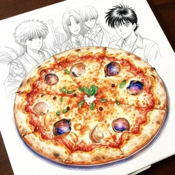 nebula pizza, watercolor intricate line drawings, by Yoshitaka Amano, Ruan Jia, Kentaro Miura, Artgerm, detailed, trending on artstation, hd, masterpiece,
