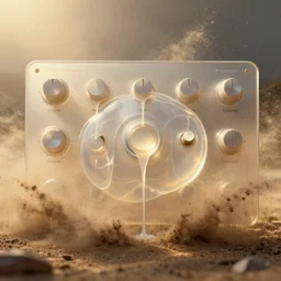 sound visualized in the dust kicked up violently, macos file system ux : 7 0 mm photograph of transparent cnidarian mesoglea, forming interactive dials of a milky ui ux interface modular synth designed by jony ive, pouring bright liquid from every hole, chiaroscuro golden hour cinematic lighting, 8 k still