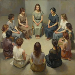 a beautiful masterpiece painting of people who sit around in a circle and suppose while the secret sits in the middle and knows, trending on artstation