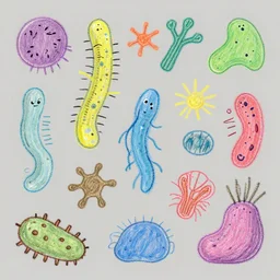 a variety of microorganisms and bacteria, as well as human tissues floating in the air, colored chalk paintings, simple strokes.