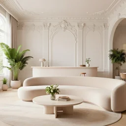 a modern indoor room, clean baroque architecture, pastel colored, a couch, a couch table, some fresh plants, daylight, peaceful, 8 k octane render