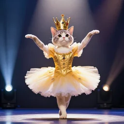 cat tutu dancing on stage wearing a golden queen crown, 4 k photography, spotlight, dramatic lighting