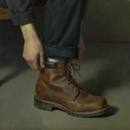 cat putting on work boots, edward hopper painting, dark tones