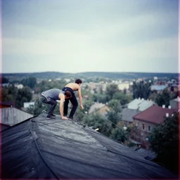 lomo photo of roofjumpers climbing on roof of soviet hrushevka, small town, cinestill, bokeh, out of focus