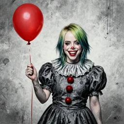 grunge cartoon painting of billie eilish with a wide smile and a red balloon by chris leib, loony toons style, pennywise style, corpse bride style, horror theme, detailed, elegant, intricate