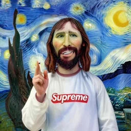 jesus smoking a sticky, wearing supreme merch, highly detailed in the style of van gogh