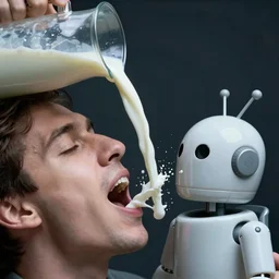 milk is flowing like a river out of a man's mouth, into the mouth of an android. realistic. 3 5 mm. 8 k. hdr