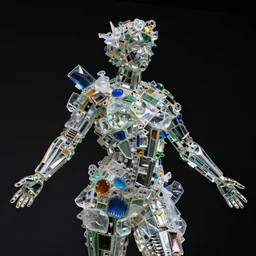 “Inspired Artemis statue made of pieces of glass and plastic bags, detailed but rough, refracting light, 4k photo, great light and shadows, Sony 175mm”