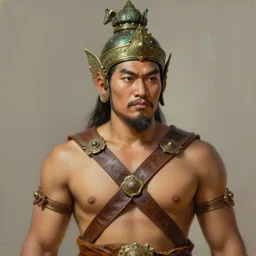 smart tai warlord, sukothai, closeup portrait, without beard and mustache, historical hero, ethnic group, tai costume, tai traditional bronze headdress, intricate, with leather armor cross on bare chest, elegant, loin cloth, highly detailed, oil painting, artstation, concept art, matte, sharp focus, illustration, hearthstone, art by earl norem