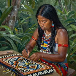 a beautiful painting of an indigenous female doing crafting of a beautiful fabric in the jungle, realistic face and body