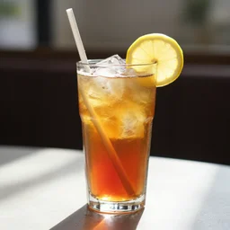 award winning photo of a glass of iced tea, with slice of lemon, on a table, sun shining in, with a straw