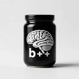 minimalistic logo of brain and typed ( b + + ) on black jar, advert, synthwave colours, hyperrealism,