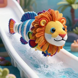 a closeup photorealistic photograph of a colorful knitted barracuda lion ascending down a water slide. intricate stitching. professional capture. bright scene. this 4 k hd image is trending on artstation, featured on behance, well - rendered, extra crisp, features intricate detail, epic composition and the style of unreal engine.