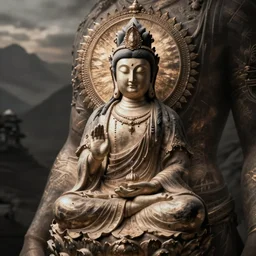 engraving-style tattoo of regal female boddhisatva on stomach