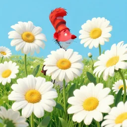 beautiful field of giant gerber daisy flowers digital illustration by dr. seuss : 1 | vibrant, spectral color, colorful, macrophotography, surreal psychedelic megaflora forest by beeple : 1