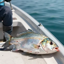 mutant fish caught by both fishermen, tail fin, eye. boat.