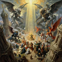 bird's eye view from a tower, epic war between demons and angels, gigantic biomechanical alien, baroque architecture, detailed, vivid colors, god rays, masterpiece painting, octane render, volumetric lighting, cinematic, by gustave dore, by michelangelo, by beksinski, by peter mohrbacher