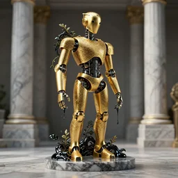 beautiful 3 d render of a robot by billelis + gold and marble sculpture + gold filigree + kintsugi, vines dripping black iridescent liquid, moody, dramatic, introspective, marble columns in background, transcendent, vibrant color, clean linework, finely detailed, 4 k, trending on artstation, photorealistic, volumetric lighting, octane render