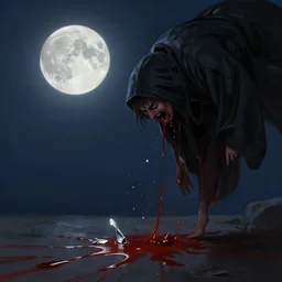 beneath the moonlight glints a tiny fragment of silver, a fraction of a line... ( black robes, falling )... blood spills out in litres, and someone screams a word. digital painting, artstation, concept art, smooth, sharp focus, illustration, art by artgerm and greg rutkowski and alphon