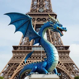 photo of blue dragon at the Eiffel Tower, 50mm, beautiful photo