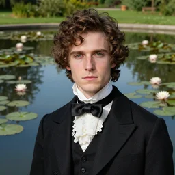 detailed studio portrait of a young victorian man standing in a beautiful victorian water pond, water lilies, high quality by jeremy mann, only one head single portrait
