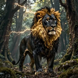 epic photography of black lion with gold lightnings in the fur in the middle of the ancient forest , colossal scale, photorealistic, high details, intricate by Nick Nichols and Evgeniy Antonenkov