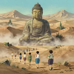 a cell shaded movie still from a studio ghibli cartoon showing a highly detailed landscape with a giant living buddha statue marching through a valley in the desert. misty, depth perception, 4 k