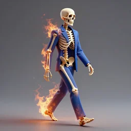 a skeleton walking while wearing a blue suit and there is fire all around the skeleton, double exposure
