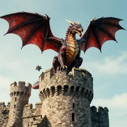 dragon standing on top of an ancient castle tower, cinematic, Lars Grant-West, Todd Lockwood , Wayne Anderson, hyper realism, high detail, octane render, high contrast, vibrant, trending on artstation, 8k