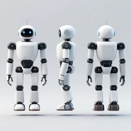 a front view, side view and back view of the same robot, the robot has no legs and hovers