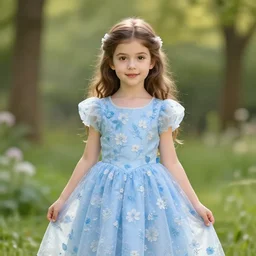 anna the flower princess, wearing a light blue flower patterned dress, brown hair, 2 7 years old, trending on artstation, long shot!!, photograph.