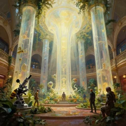 lush garden god rays dramatic perspective organic 3 d fractal a minimalist cinematic scifi with giant bright translucent bioluminescent microscopy, gigantic pillars, victorian shopping mall courtyard maschinen krieger, beeple, the matrix, star wars, ilm, star citizen, mass effect, oil painting by donato giancola, chris foss, warm coloured, artstation, atmospheric perspective