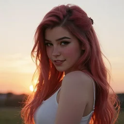 belle delphine as an anime protagonist, beautiful anime style, portrait, close - up, cinematic rim lighting, dramatic pose, beautiful sunset, professional, highly detailed, clear, sharp, smug expression, trending on artstation