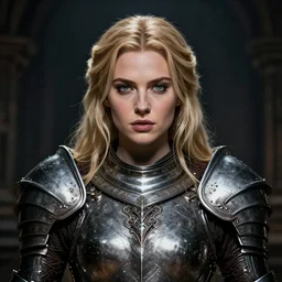 head-on centered symmetrical RPG avatar portrait, Elisha Cuthbert as a unholy paladin, blonde hair, ornate steel armour, dramatic lighting, establishing shot, book cover, high detail, cinematic lighting, 8k, concept art, artstation, matte painting, in the style of eddie mendoza, raphael lacoste, alex ross