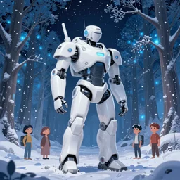 a glossy white futuristic mecha robot stands in the middle of a forest of softly glowing blue trees at night. snowing. snowy. icy. the sky above has many stars. cyril roland. naomi okubo. rossdraws. beeple. trending on artstation. digital painting.