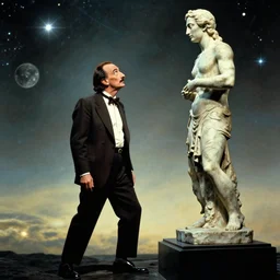 the full body shot of salvador dali in the role of emperor of universe who looking at the statue of pepe | still frame from the prometheus movie by ridley scott with cinematogrophy of christopher doyle and art direction by hans giger, anamorphic bokeh and lens flares, 8 k, higly detailed masterpiece