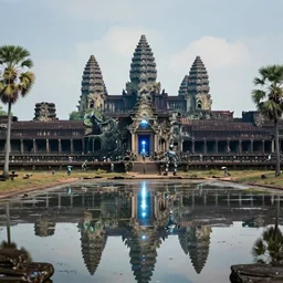 a distant cyberpunk angkor wat, portals, sparkling, reflecting pool, robots, ancient trees by paul lehr, jesper ejsing