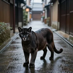photograph of a black puma on the floor of a japanese rainy alleyway