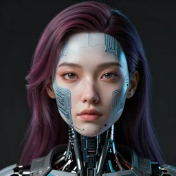 dark portrait of a half - robot woman with circuits on her face, with cute - fine - face, pretty face, multicolored hair, realistic shaded perfect face, fine details by realistic shaded lighting poster by ilya kuvshinov katsuhiro otomo, magali villeneuve, artgerm, jeremy lipkin and michael garmash and rob rey