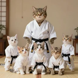 kittens in karate suits with dojo leader old cat mr meowagi